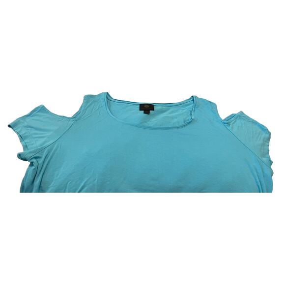 JM COLLECTION CAP SLEEVE COLD SHOULDER TOP, WOMENS, XL, LIGHT BLUE-ROUND HEMLINE - Picture 6 of 11